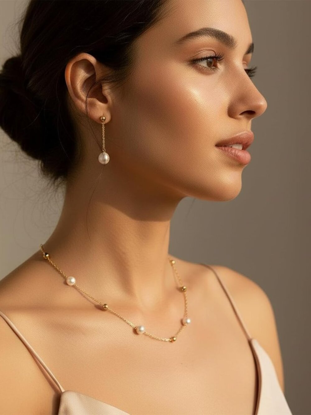 Gold Jewelry Sets For Women, Gold Pearl Dangle Earrings Bracelets Necklaces Set, View 6